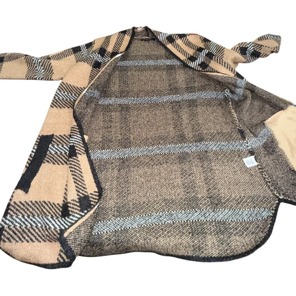 Adrienne Vitadini WOMENS LARGE PRE-OWNED TAN/BLACK CHECKERED FRONT OPEN Cardigan